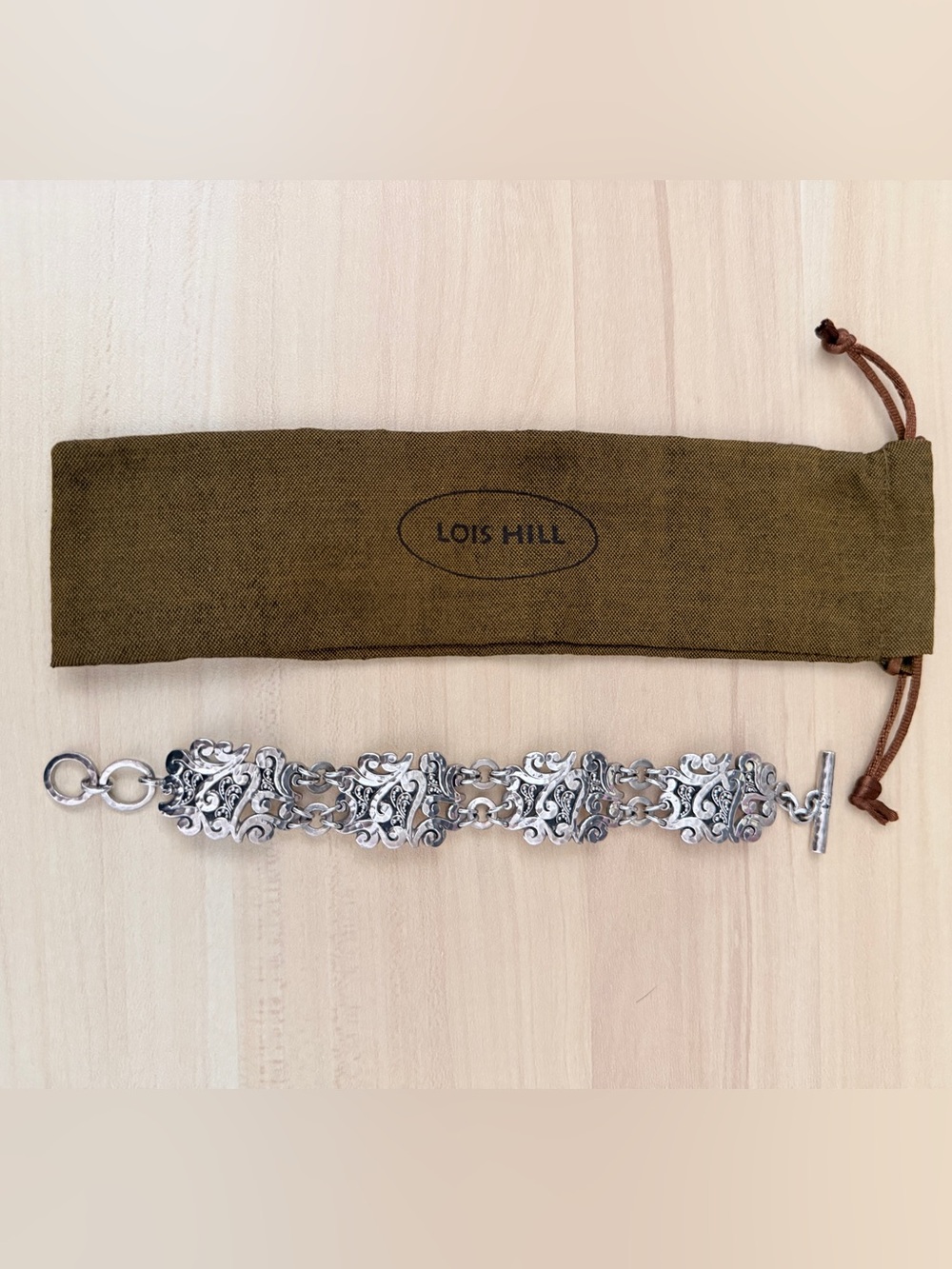 Lois Hill Silver Ornate Filigree Link Bracelet with Pouch